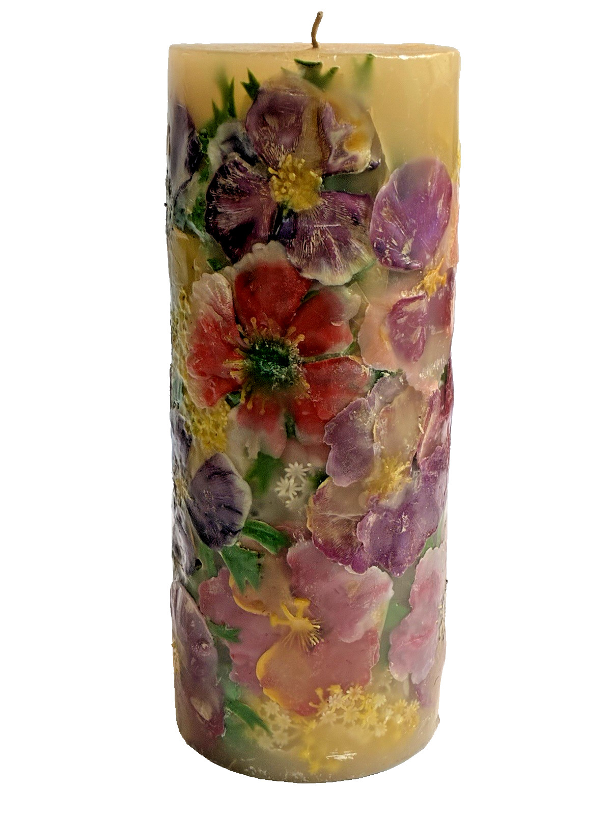 Botanical Decorative Pillar Candle w/Embedded Dried Flowers & Leaves 9.5″ Heavy