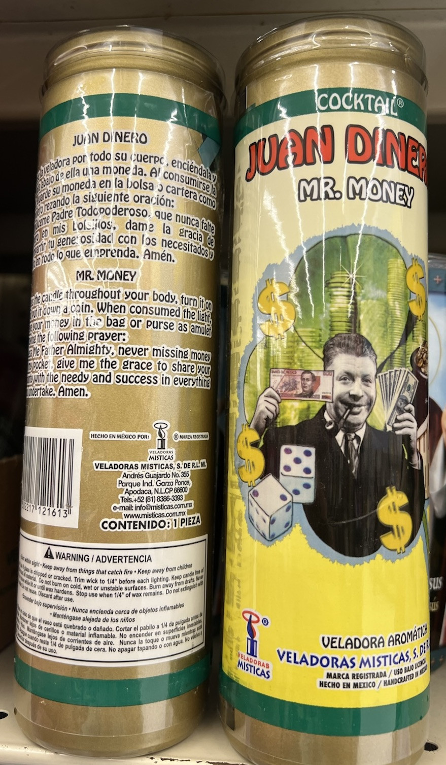 3 VELADORA JUAN DINERO. MR. MONEY PRAYER ON THE BACK