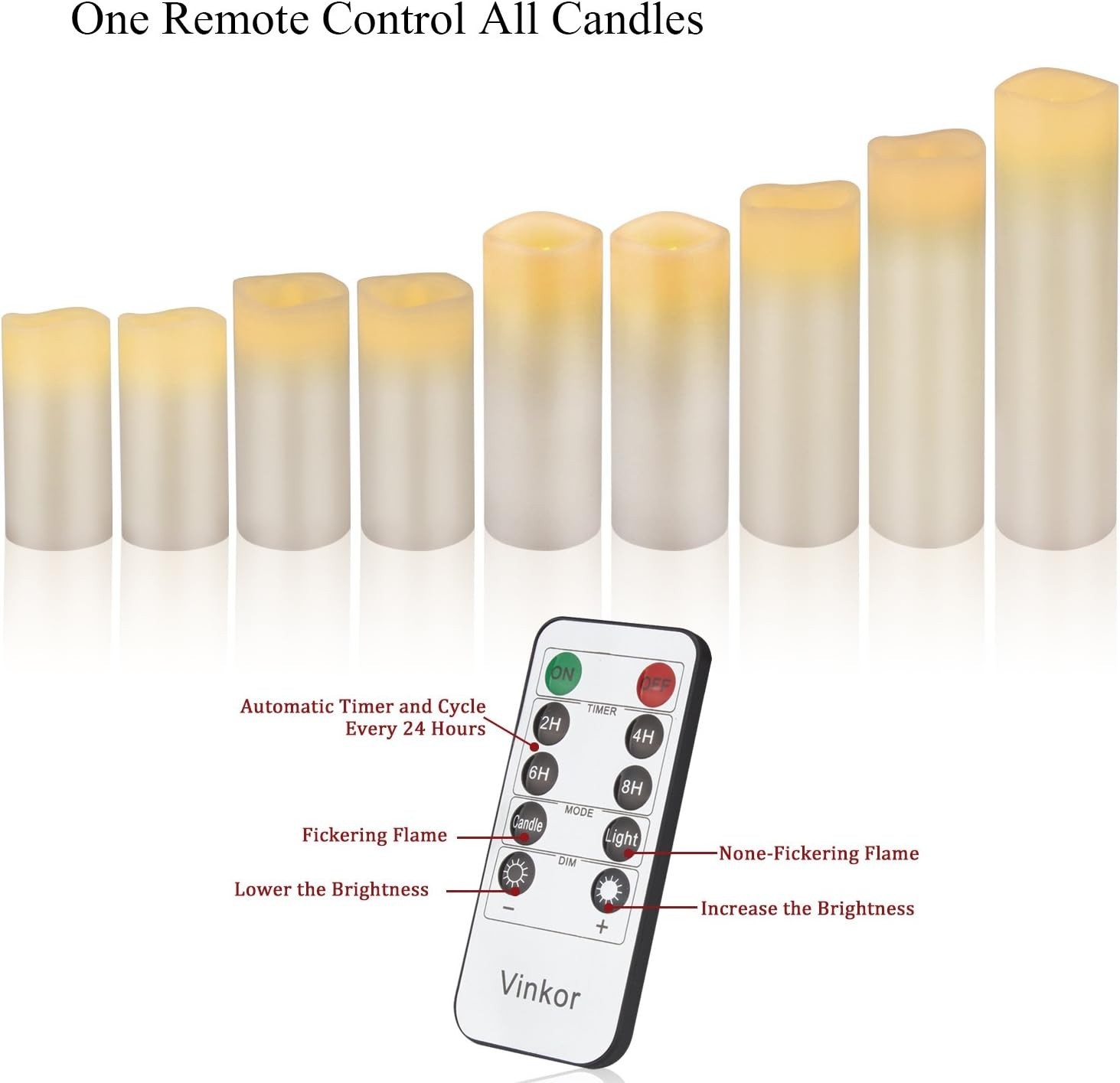 Set of 9 Cordless Ivory Flameless Pillar Candles with Remote Control & Timer