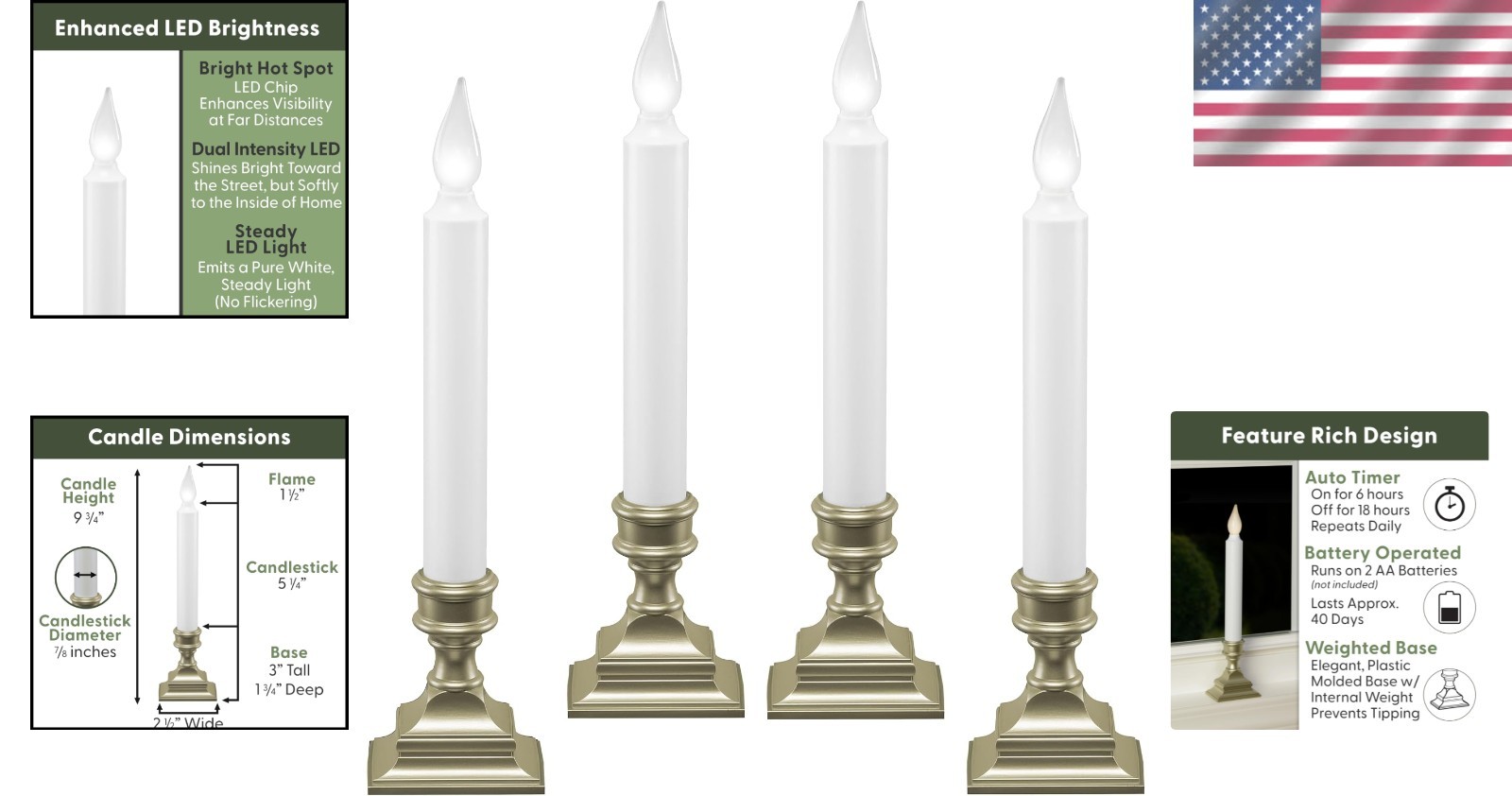 Bright LED Window Candles with Timer – Cordless & Stylish Pewter Finish – 4 Pack
