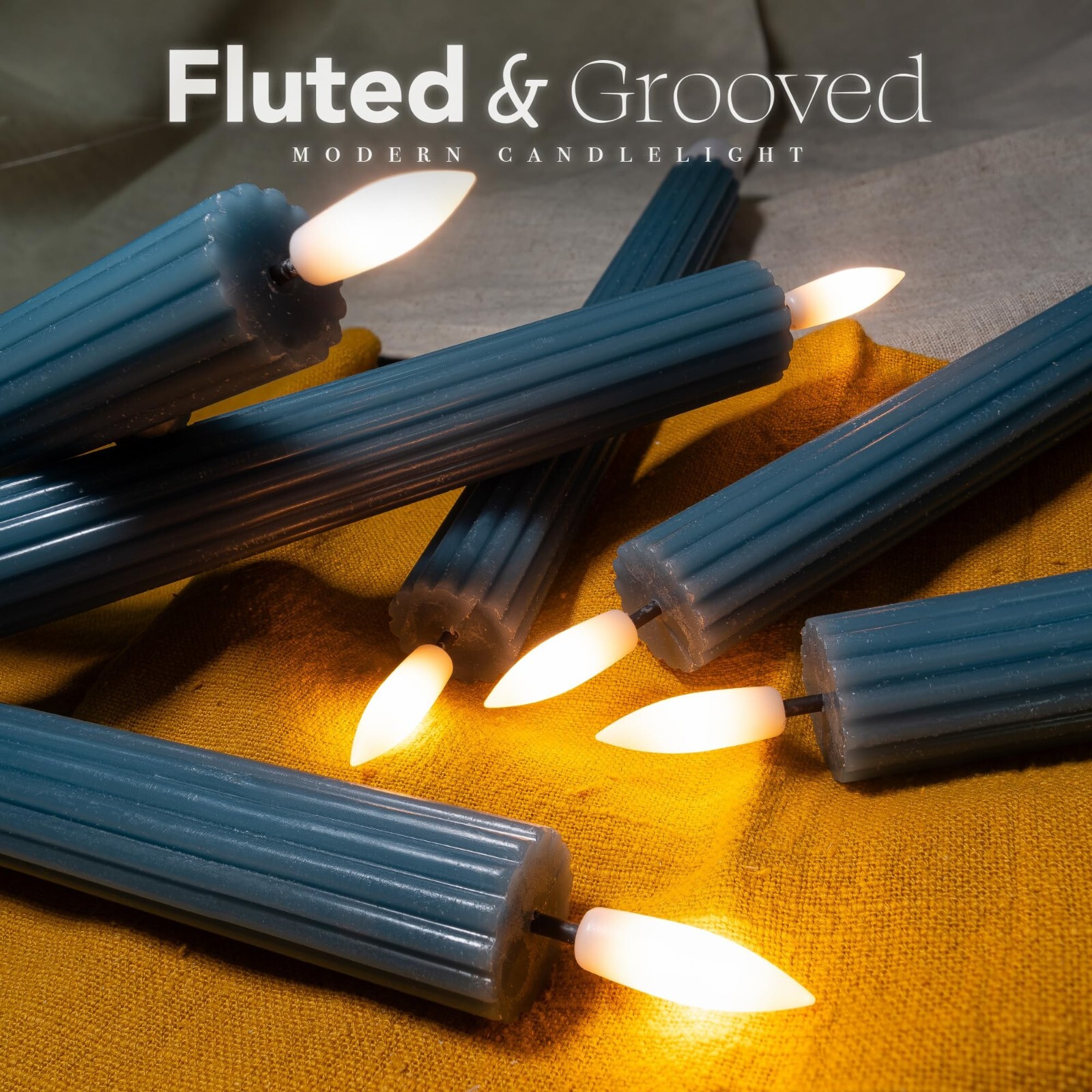 10″ Fluted Ribbed LED Blue Grooved Pillar Candles Remote & 24h Timer Memory