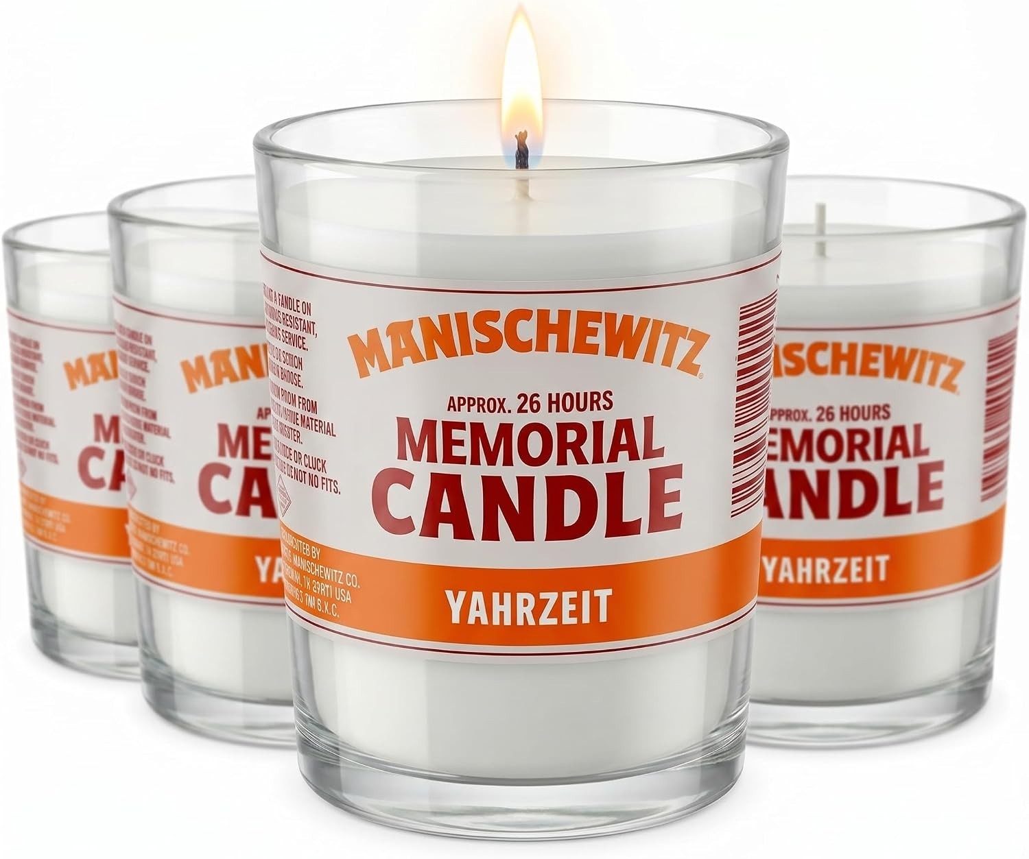 Elegant White Yahrzeit Candles in Glass Tumbler – 26 Hour Burn Time, 4 Pack
