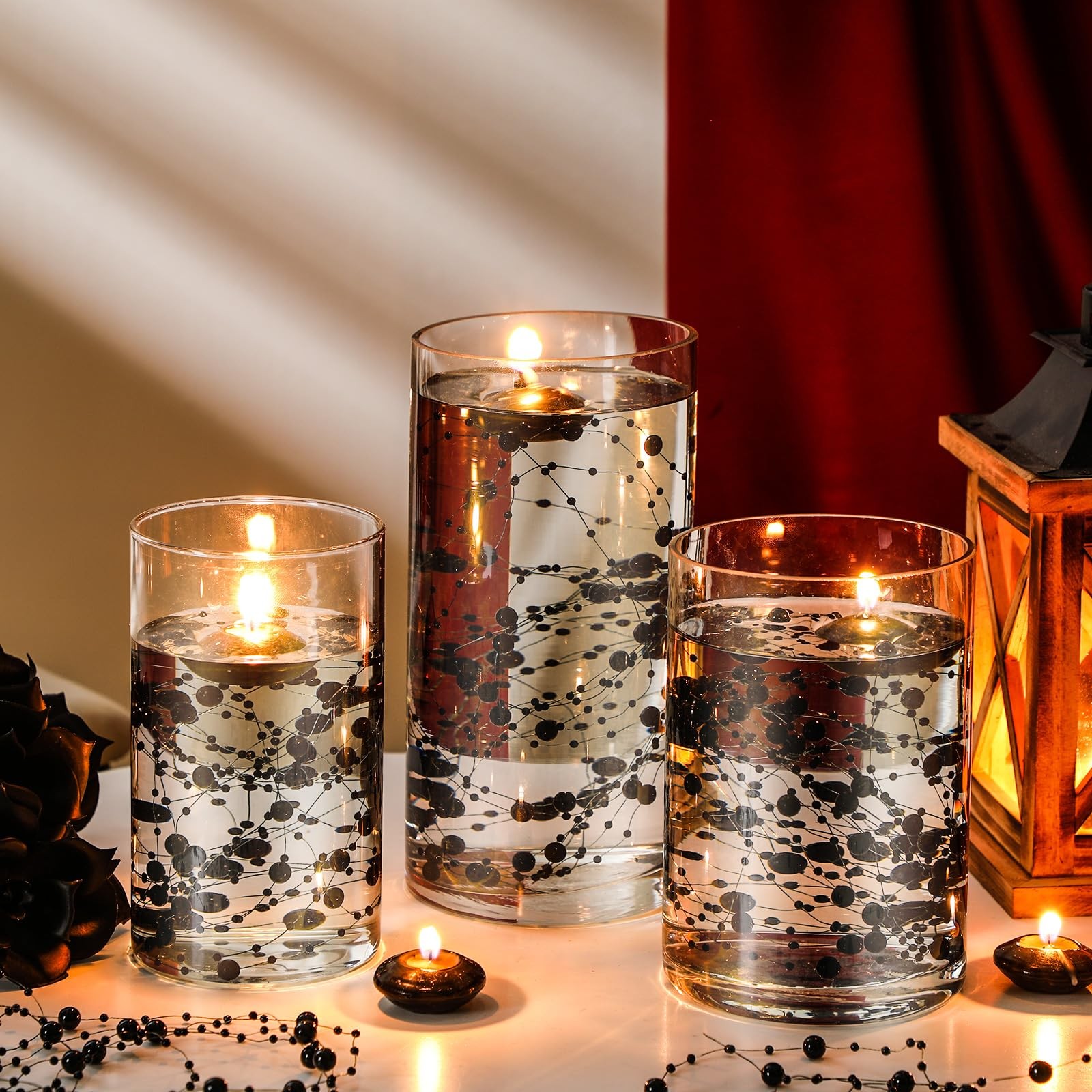 Fumete 40 Pcs Black Floating Candles with Pearl Strings