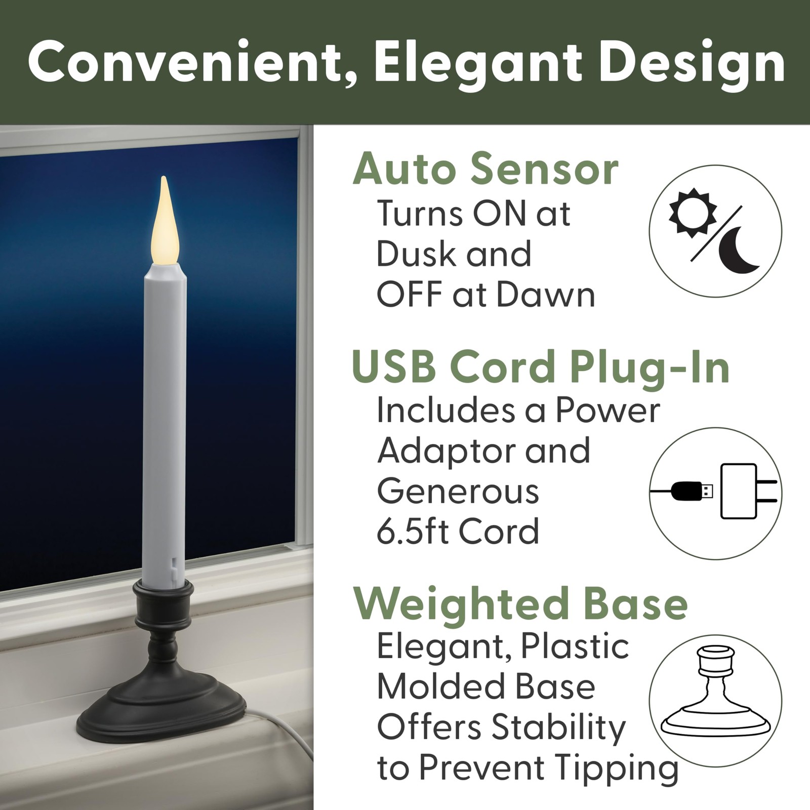 2 PCS LED Electric Window Candle Sensor Dusk To Dawn USB Antique Bronze Base