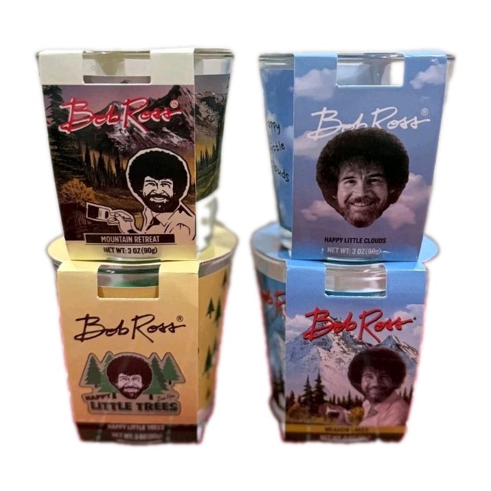 New Complete Set of 4 Bob Ross 3OZ Glass Single Wick Scented Candles Happy Trees