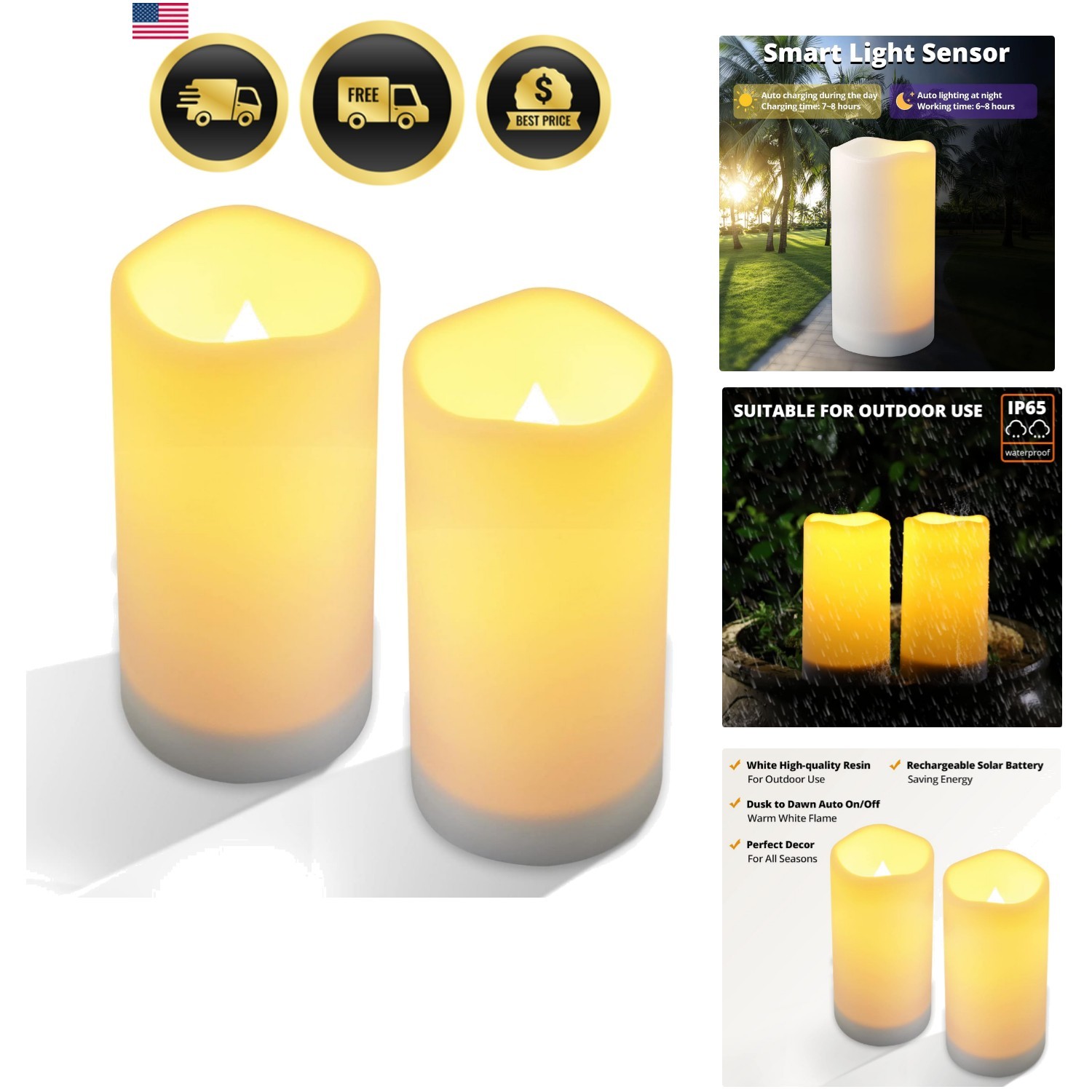 Large Outdoor Solar Powered Candles – Flameless Pillar Waterproof Rechargeabl…
