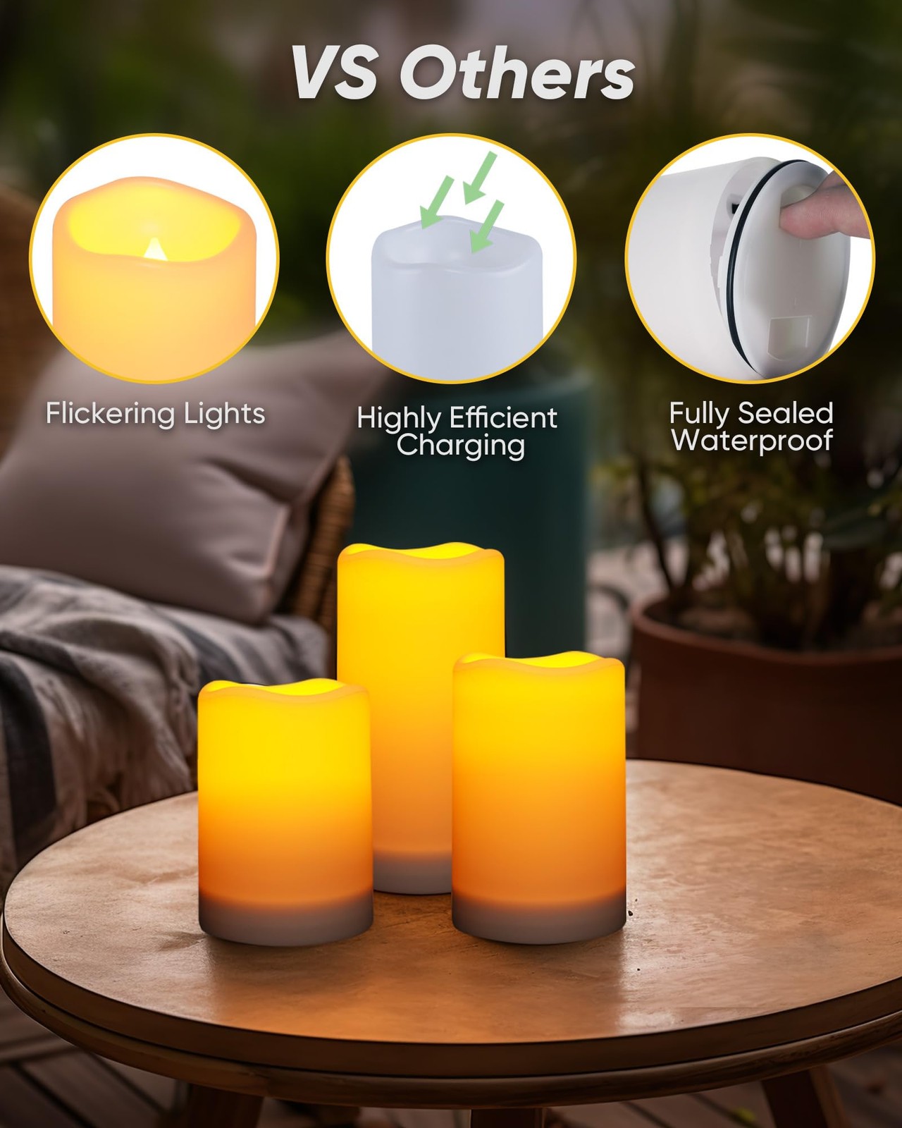 Solar Candles Outdoor Waterproof, Dusk to Dawn Sensor, 3″x4″5″ 6″