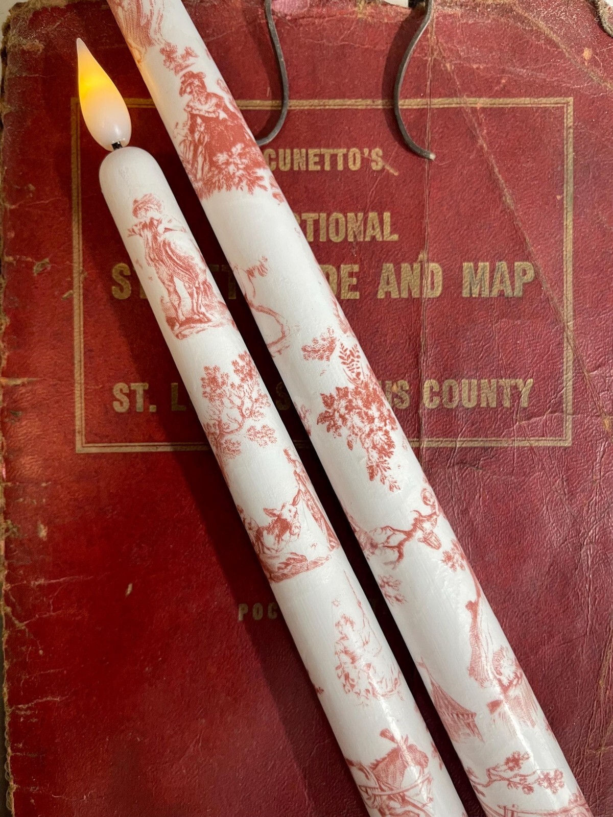 Traditional Reddish Brown Toile Taper Candles Set of Two Battery Operated