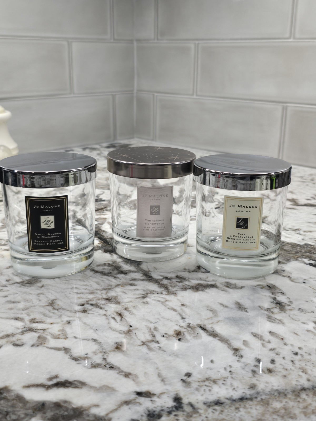 3 – Jo Malone Candle Jar EMPTY Snow Drop, Sweet Macaroon, & Pine Euc + Gift Box