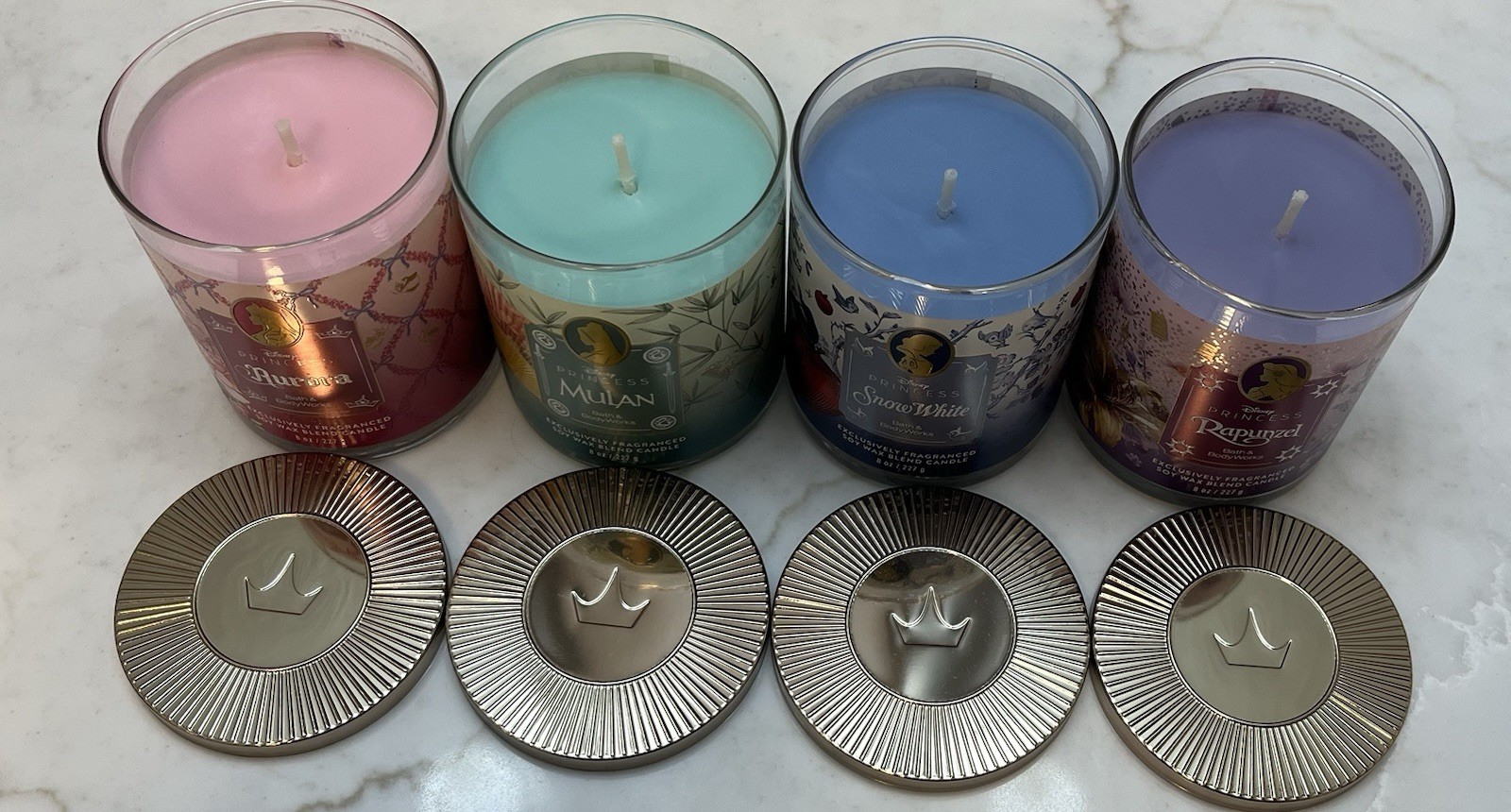 Bath Body Works 4 DISNEY single wick candles SNOW WHITE AURORA MULAN & RAPUNZEL