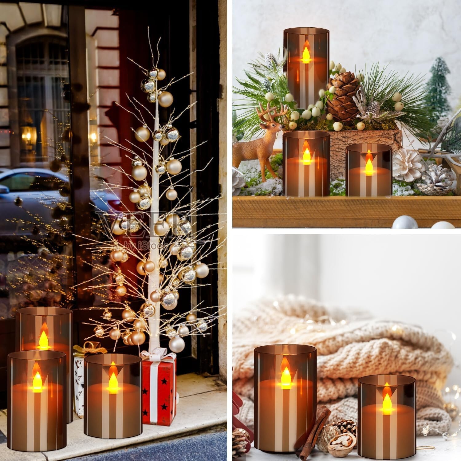 Set of 3 Gray Flameless Candles – Flickering LED with Remote & Timer Decor