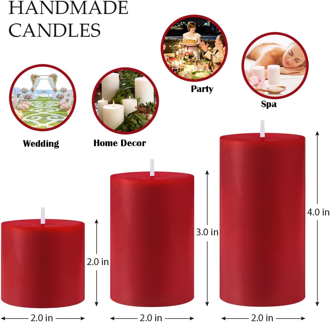 Red Unscented Pillar Candles 3-Pack Dripless & Smokeless, Long-Burning Thick