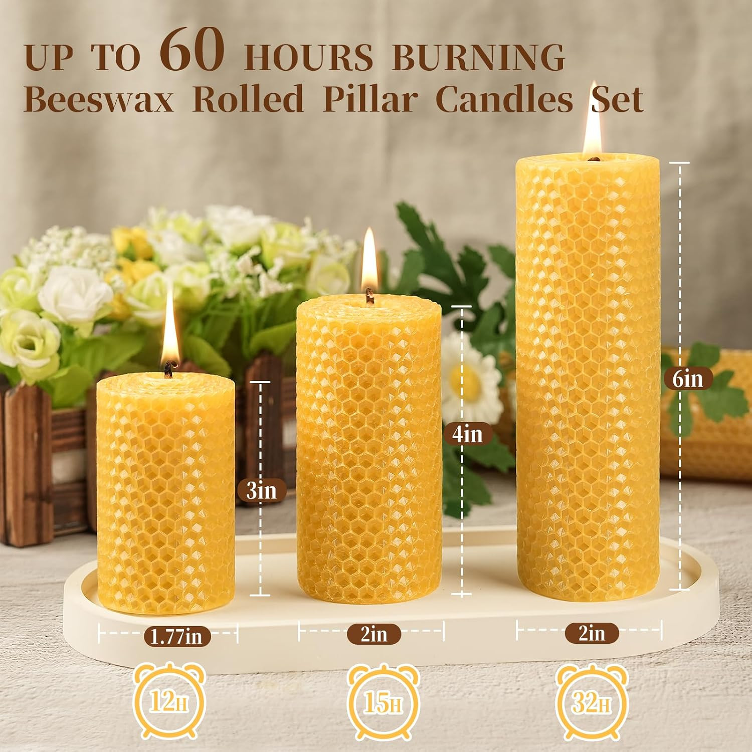 Beeswax Pillar Candles,Hand Rolled Honeycomb Design, 3 Sizes | Pure Natural