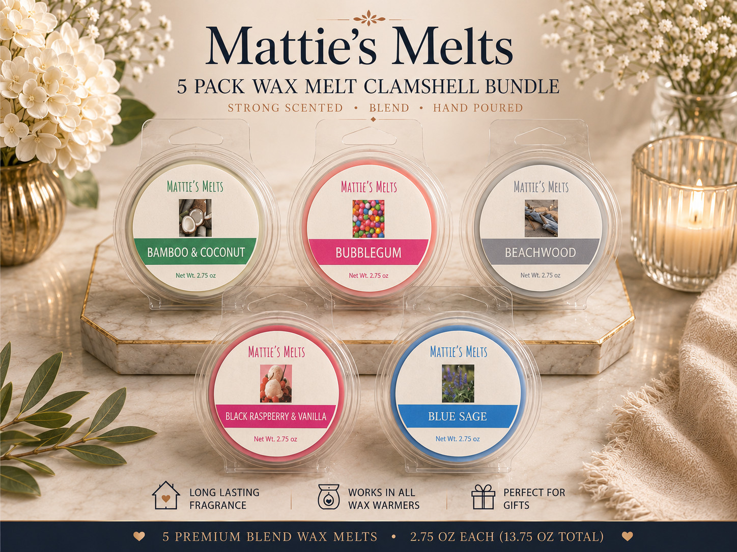 5 Pack Wax Melts Strong Scented Clamshell Bundle Home Fragrance Gift Set