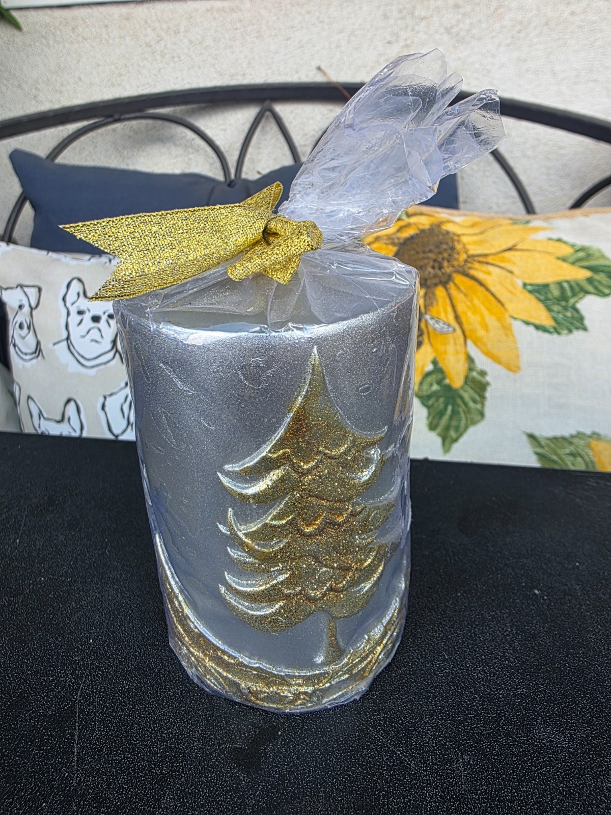 Pier 1 Imports Silver & Gold Glitter Tree Christmas Pillar Candle (3″ x 4″)
