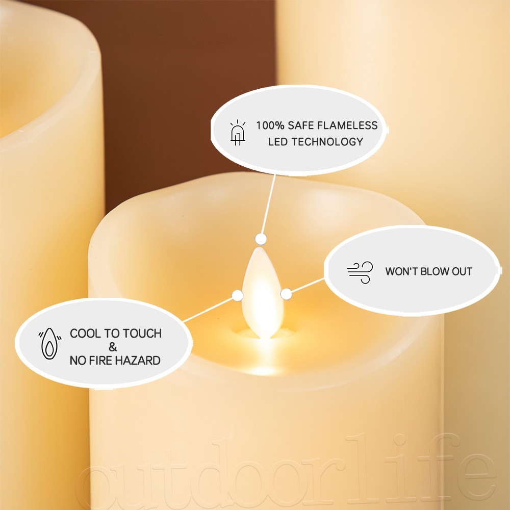 Luminara Flameless Pillar Wax Candles with Moving Flame Remote Ivory Set of 3