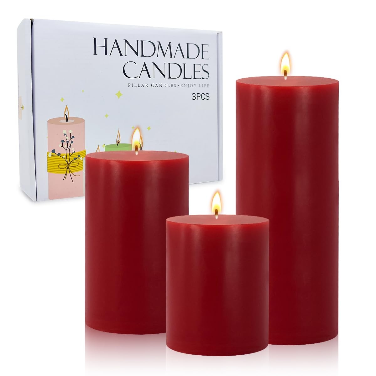 Set of 3 Different Size Red Burgundy Pillar Candles, Unscented Dripless 2.75x…