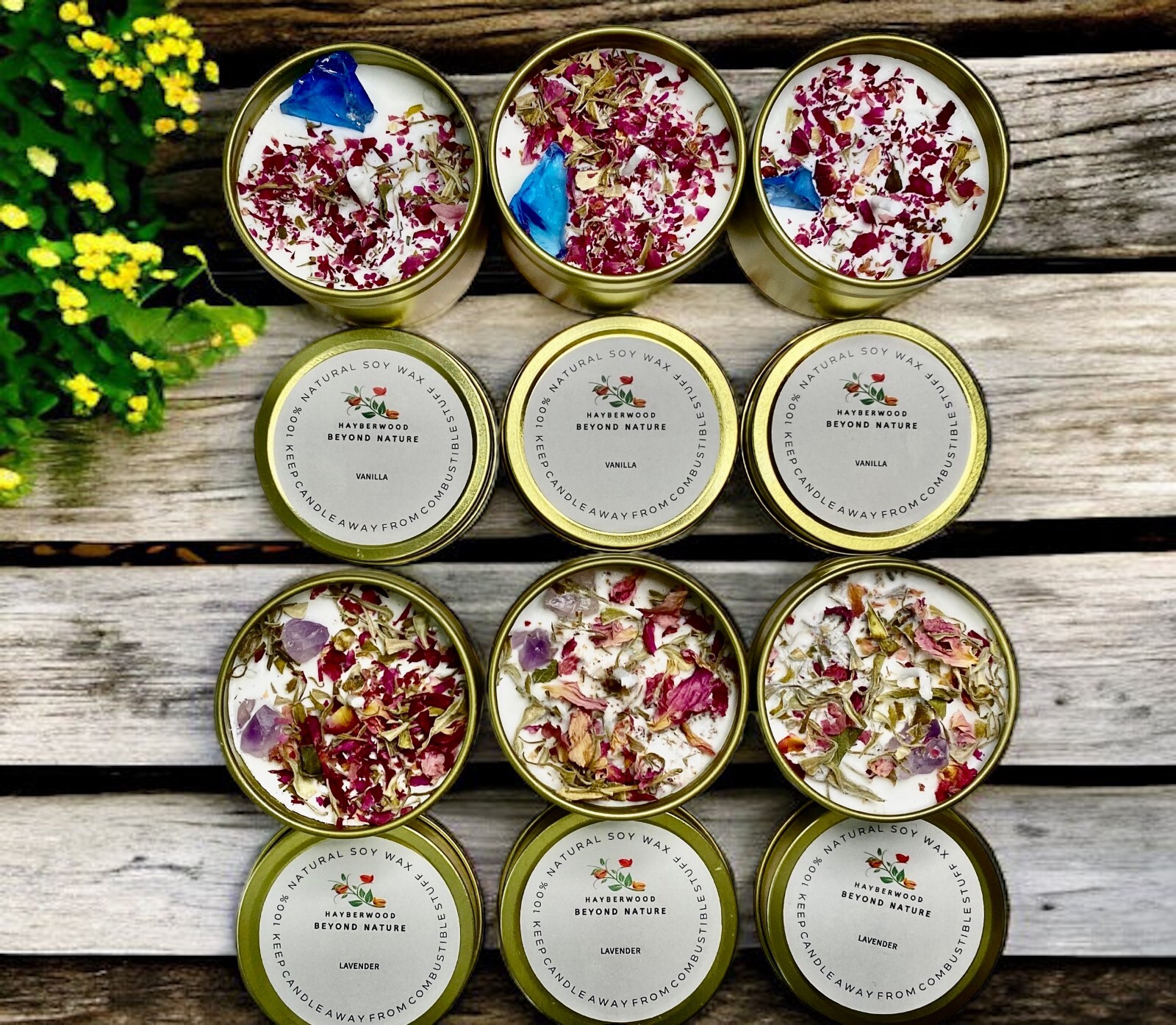 Handmade Herbal & Crystal Soy Candle Tin, 4oz Lavender, Vanilla, Organic Soy Wax