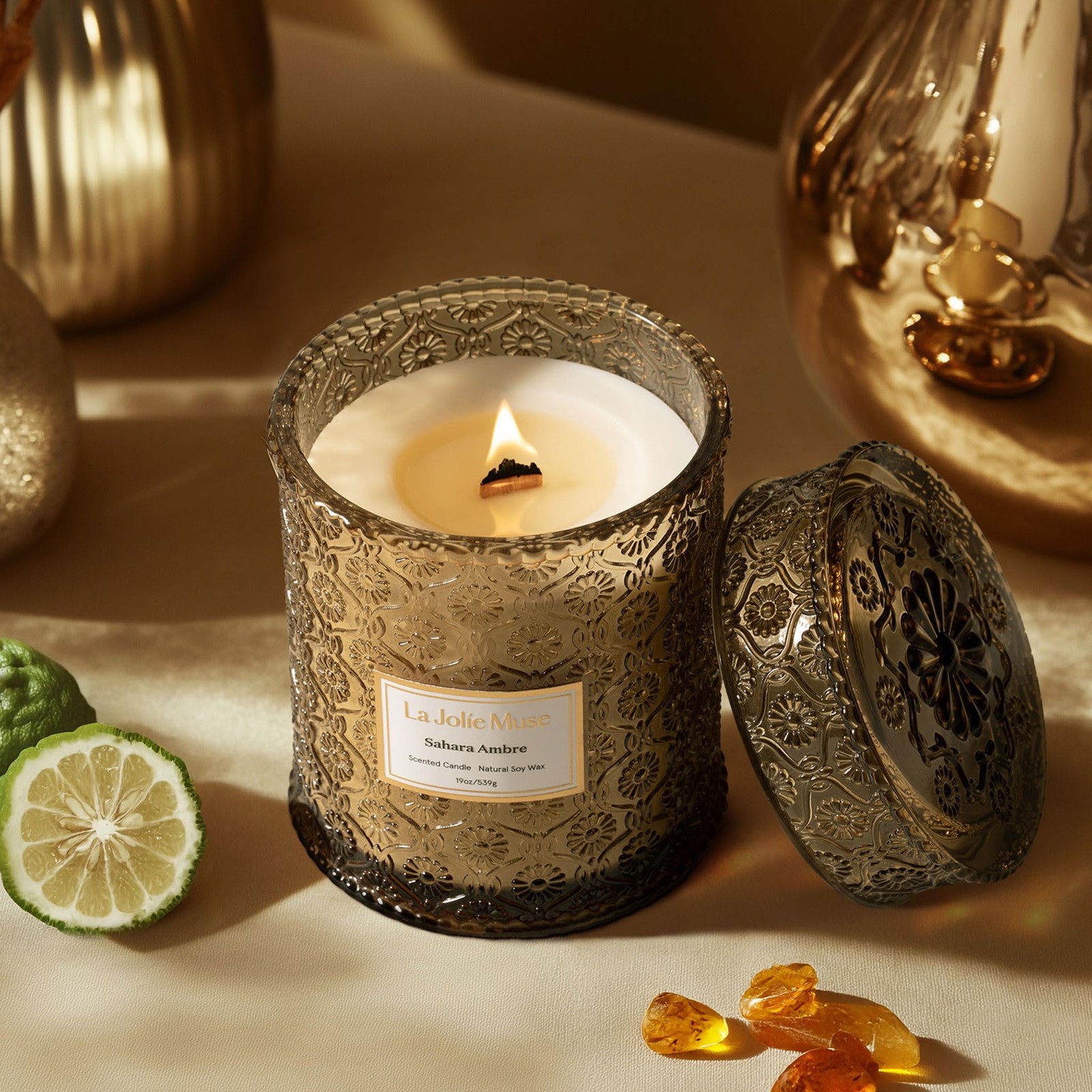 | Sahara Amber Candle | Bergamot, Clove & Amber | 19 oz Wooden Wick | Natural…