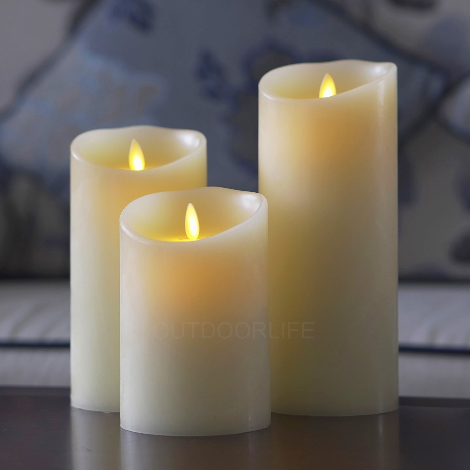 Set of 3 Luminara Flameless LED Pillar Wax Candles w/Moving Flame Remote Ivory