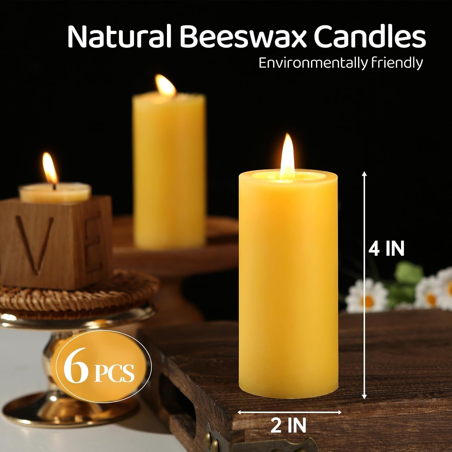 100% Pure Beeswax Pillar Candles 6-Pack