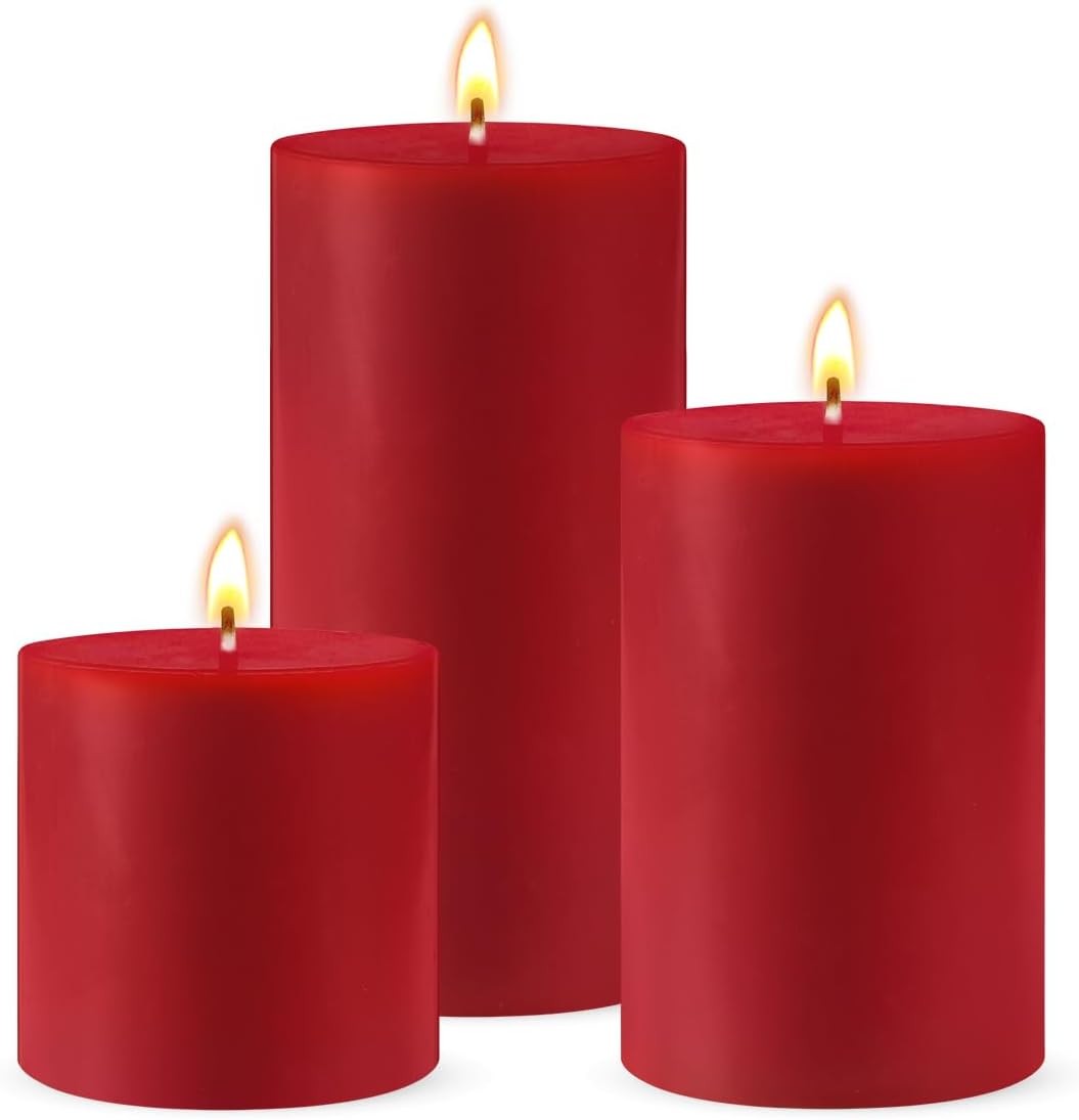 Red Unscented Pillar Candles 3-Pack Dripless & Smokeless, Long-Burning Thick