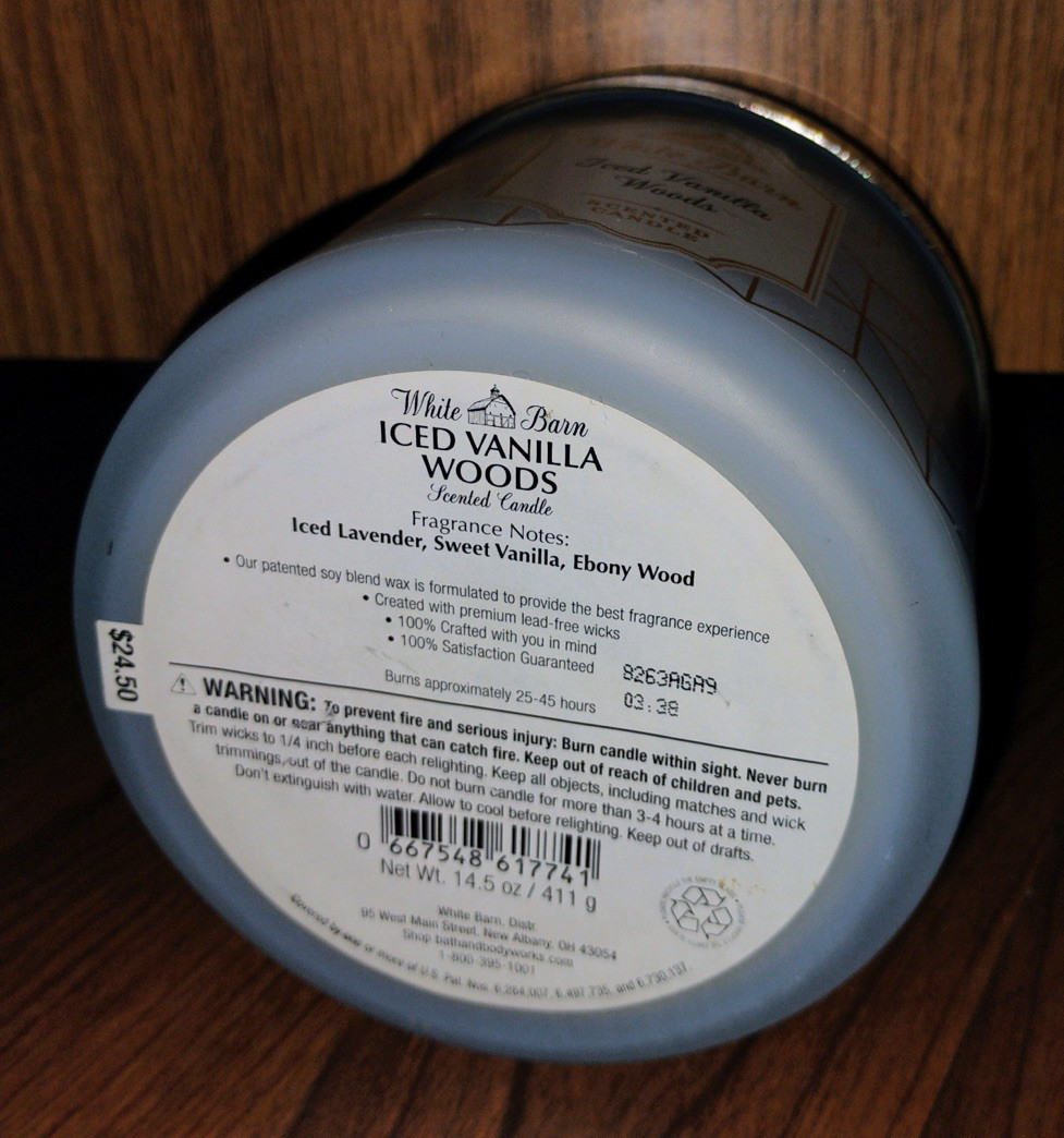 Iced Vanilla Woods 3 Wick Candle BBW 14.5 oz White Barn Lavender/Ebony Wood