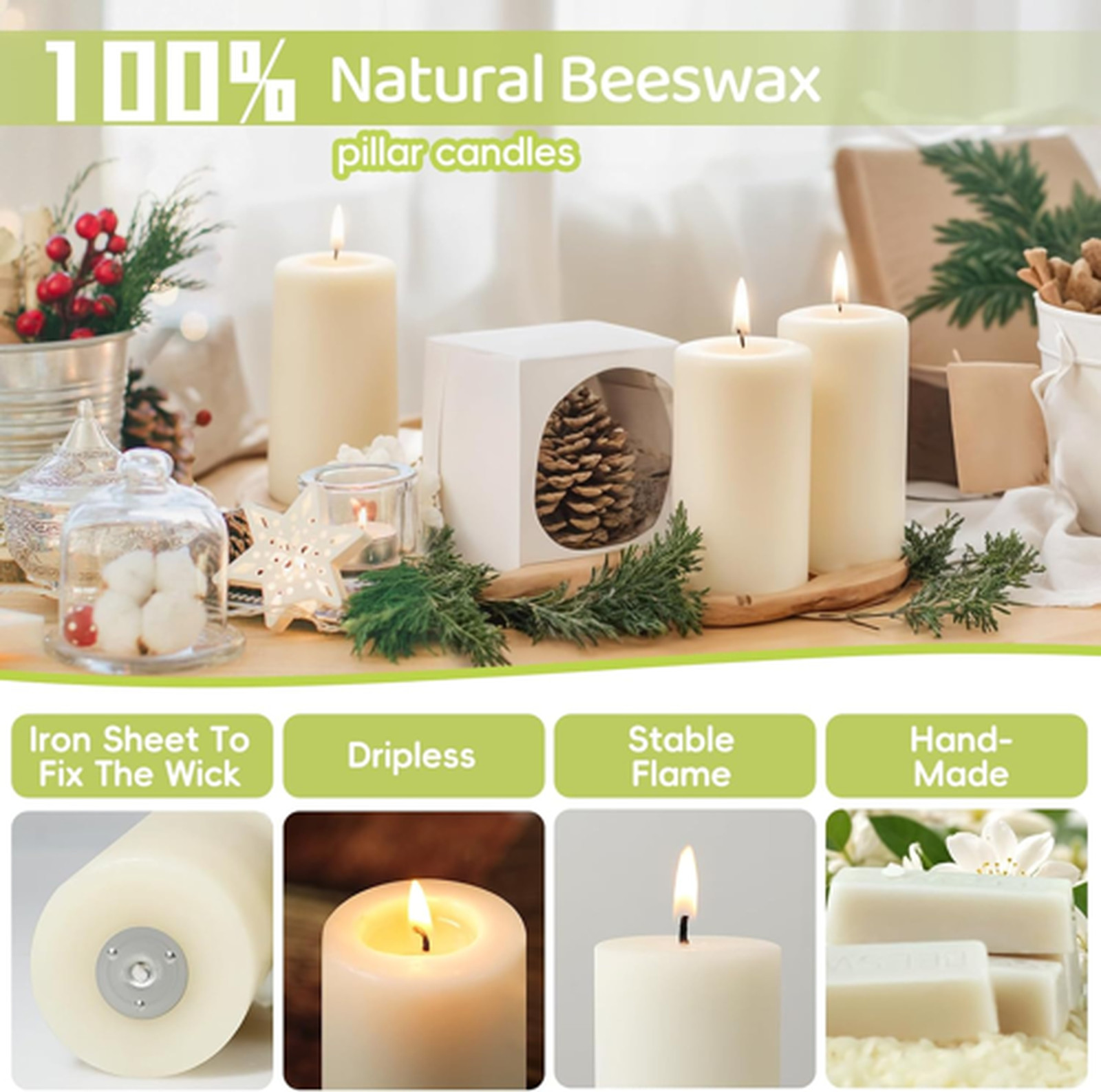 Beeswax Candle Bulk 2×4 Inch Unscented White Long Burning Dripless Smoke-Free