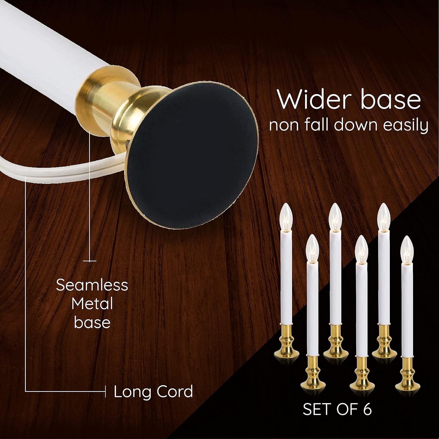 Electric Window Candle Lamp with Brass Plated Base, Dusk to Dawn Sensor | 6 Pack