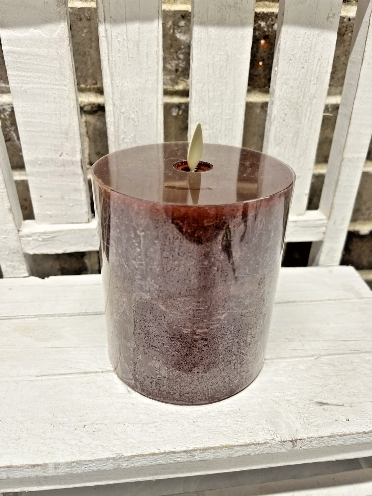 POTTERY BARN FLICKERING FLAMELESS BORDEAUX PILLAR CANDLE SALT WASHED 4 x 4.5 NEW
