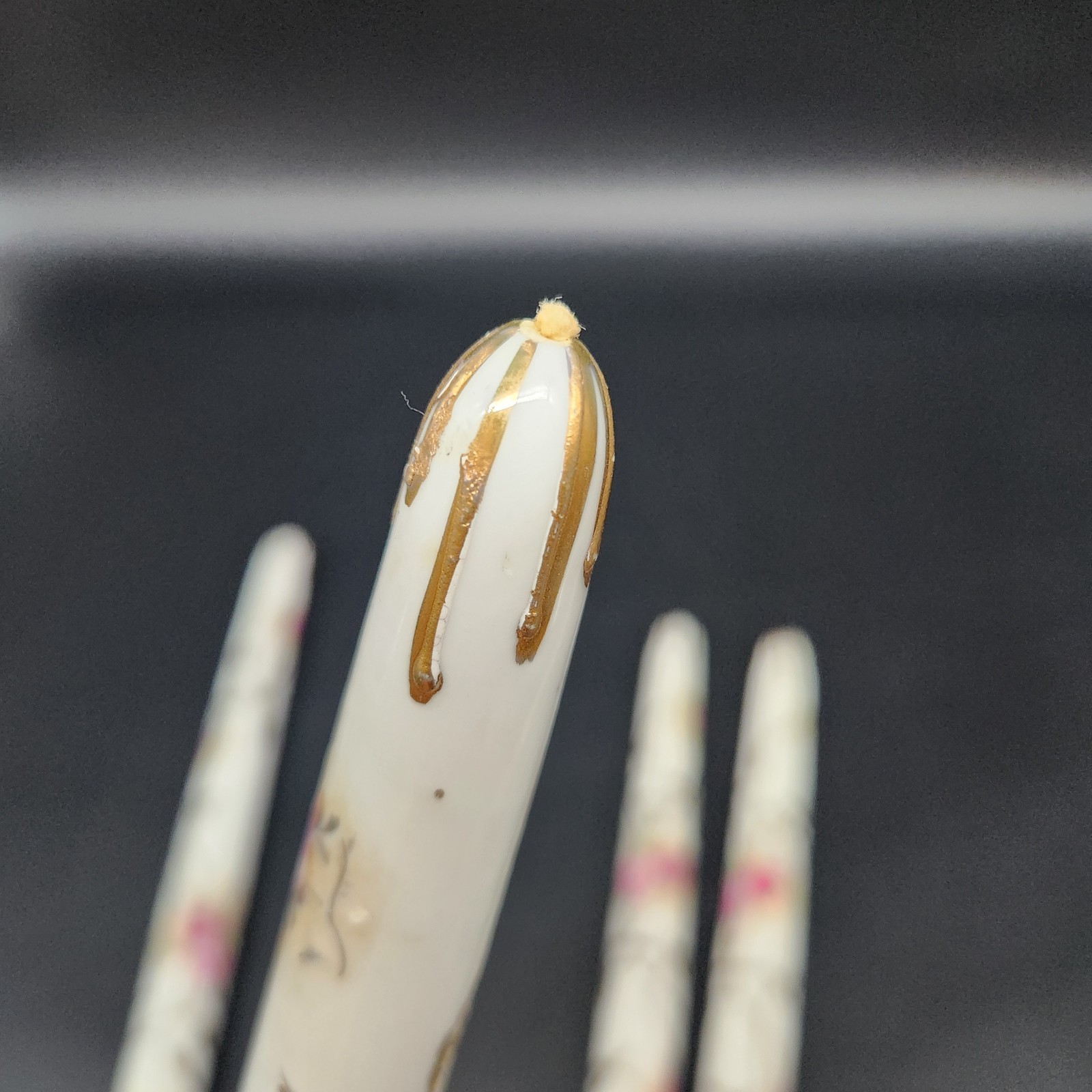 Set of 4 Antique? Porcelain Faux Taper Candles Hand Painted Floral Gold Accents