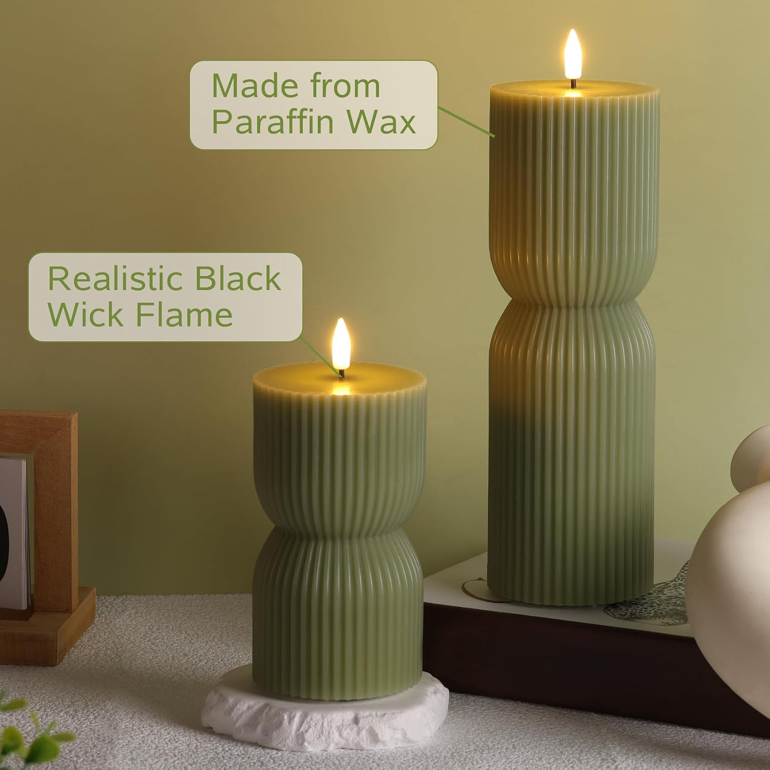 Olive Green Ribbed Flameless Pillar Candles with Remote Set of 2 | 2 AA Battery