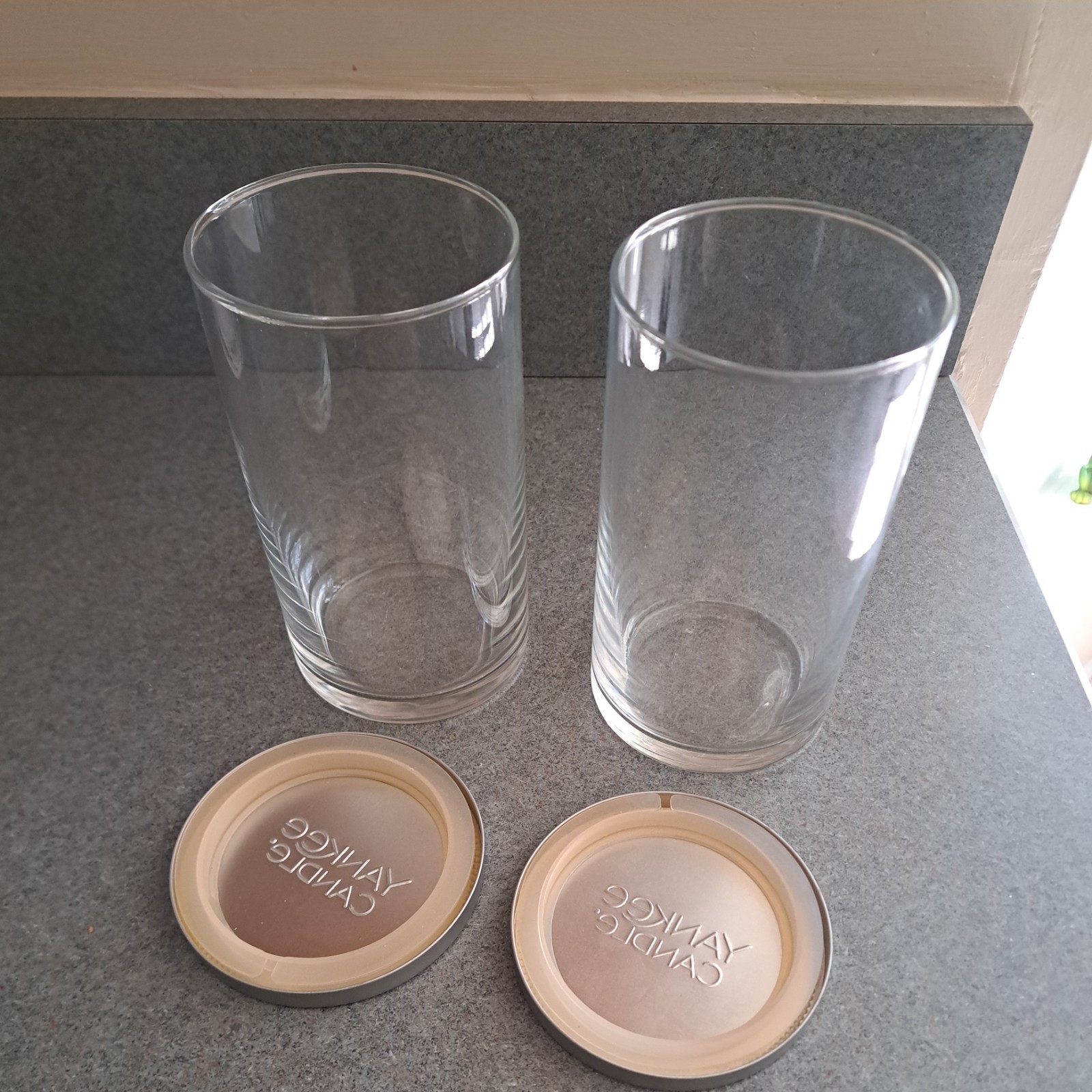2- Empty yankee candle glass jars with lids. 14.25oz