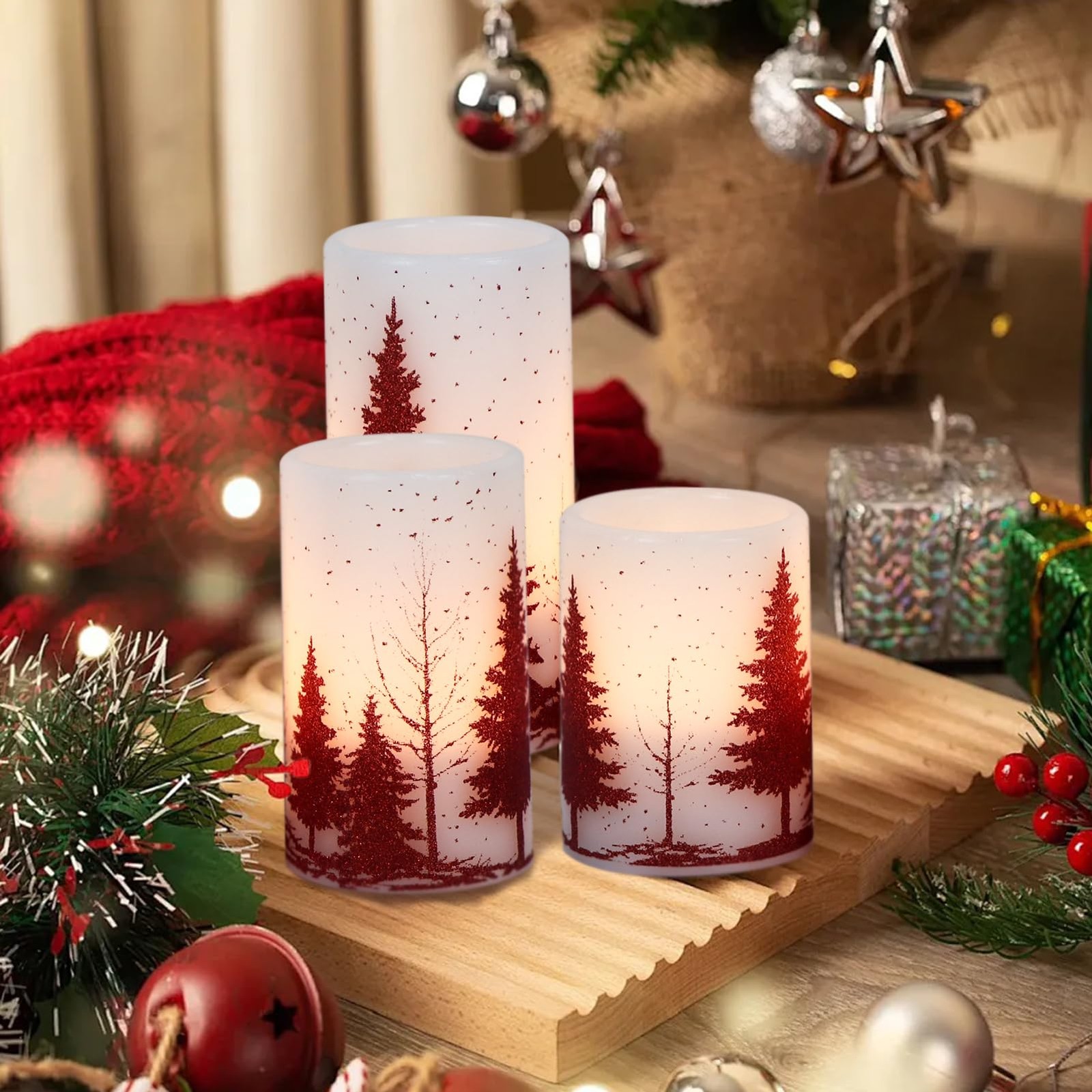 Flameless Candles 3 Pack 3×4/5/6 Inches Red Christmas Tree Decal – 6 Hour Timer