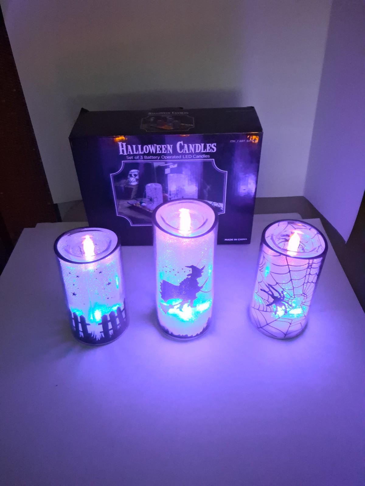LED Halloween Candles Battery Operated Purple Set of 3 Witch Cat Spider Working