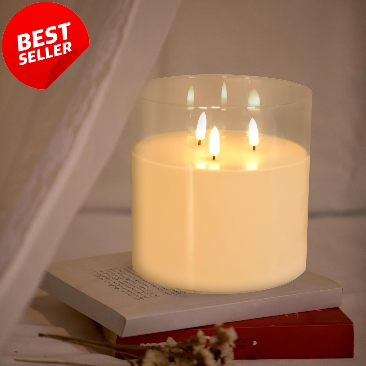 6x6in 3 Wick Flameless LED Candle Real Wax Glass Remote White Decor – US
