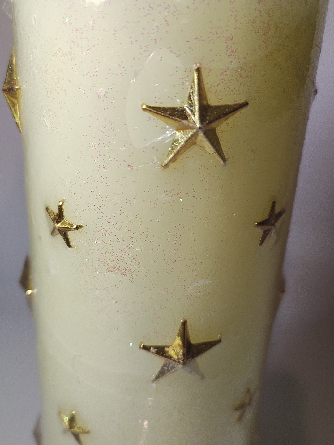 Vintage “A Touch of Gold” Wax Pillar Candle Glitter Cream Gold Stars 9.25″ New