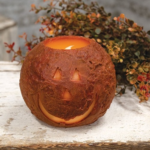 NEW PRIMITIVE HALLOWEEN JACK O LANTERN CANDLE 4.5″Hx5.25″D ROUND LED Timer FALL