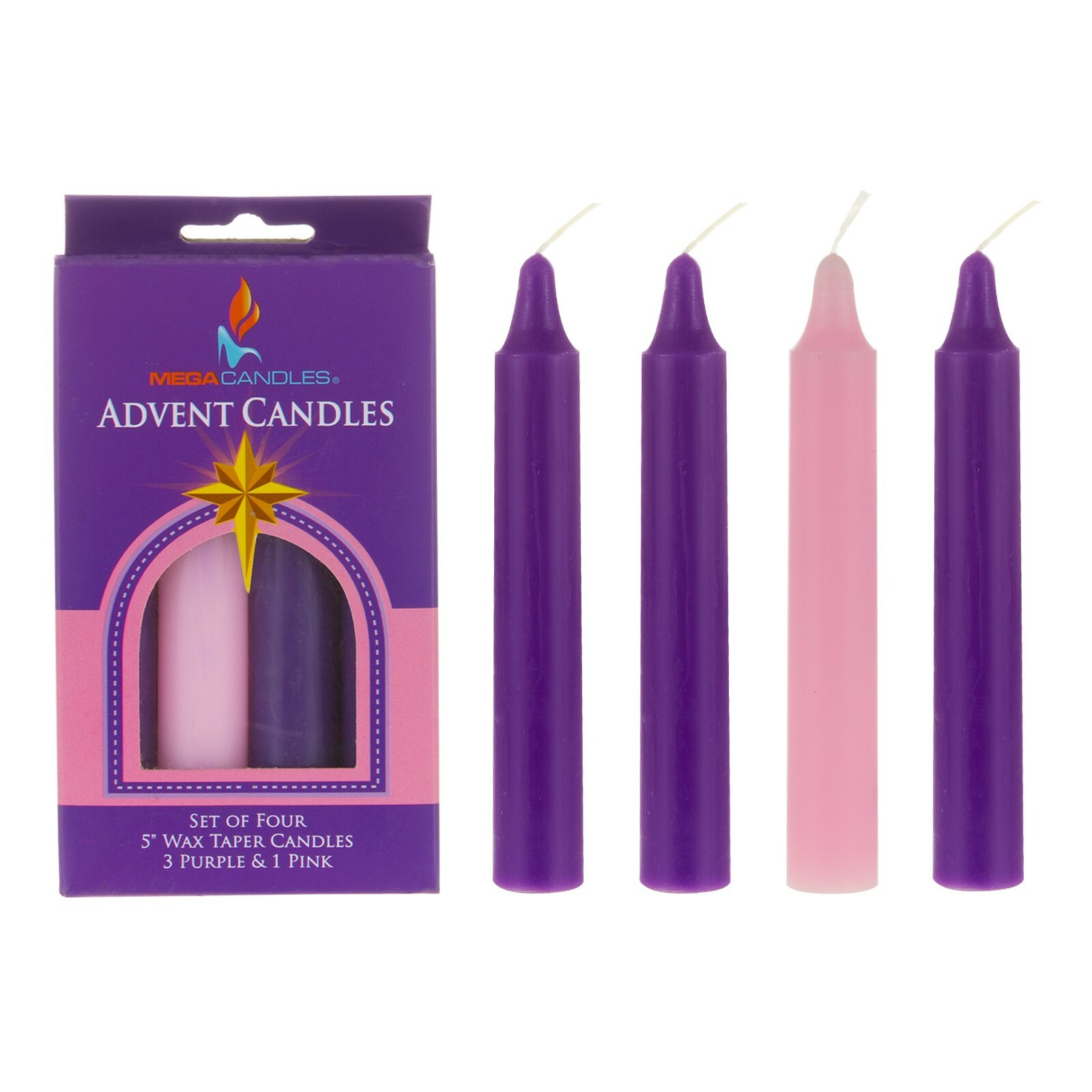 Mega Candles – Unscented 5″ Advent Taper Candle – Assorted, Set of 4