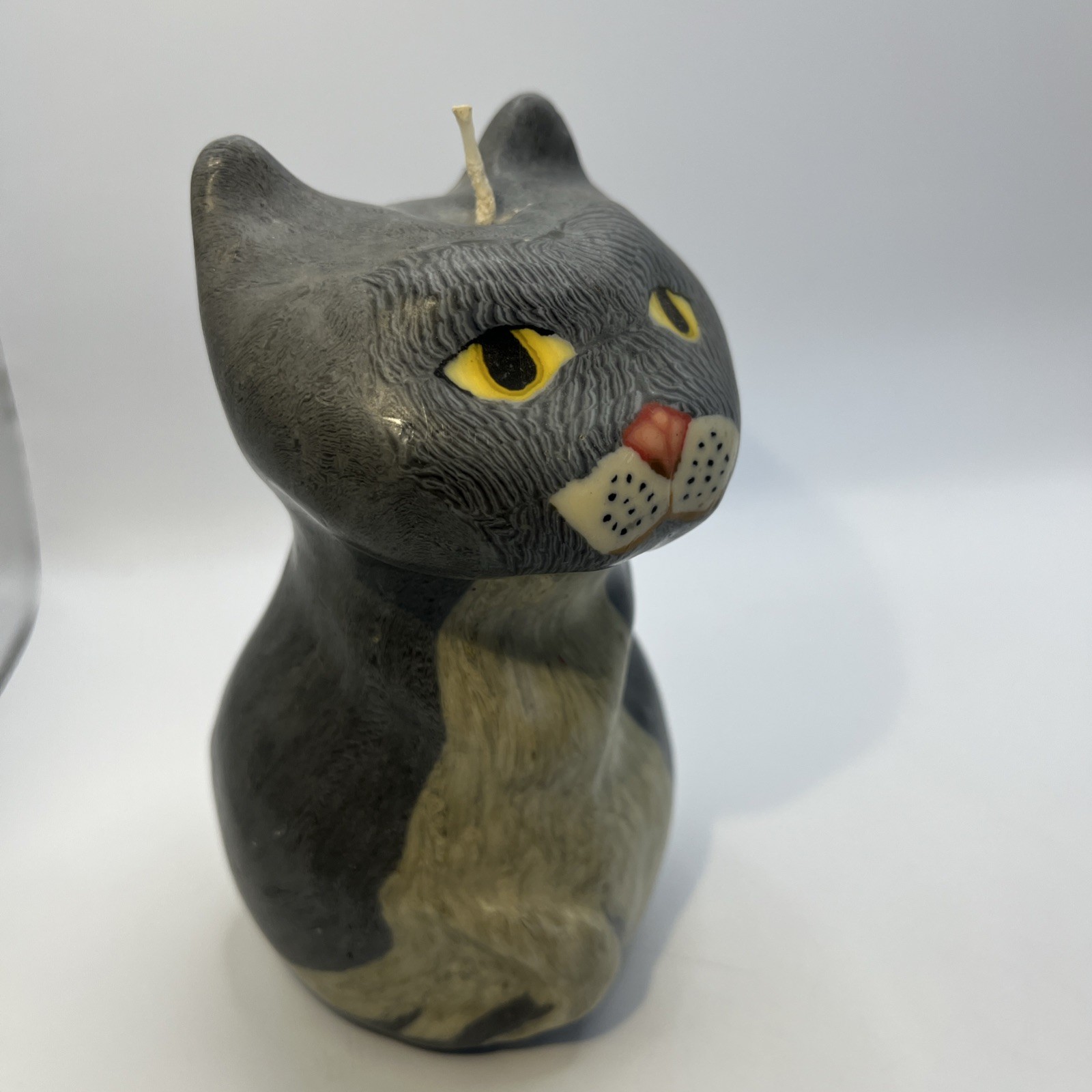 Vtg Gray Tuxedo Yellow Eye Cat Candle 5.5” Wax Figurine Pets Decor Collectible