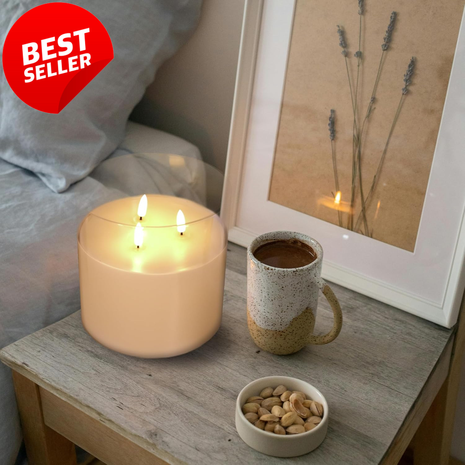 6x6in 3 Wick Flameless LED Candle Real Wax Glass Remote White Decor – US