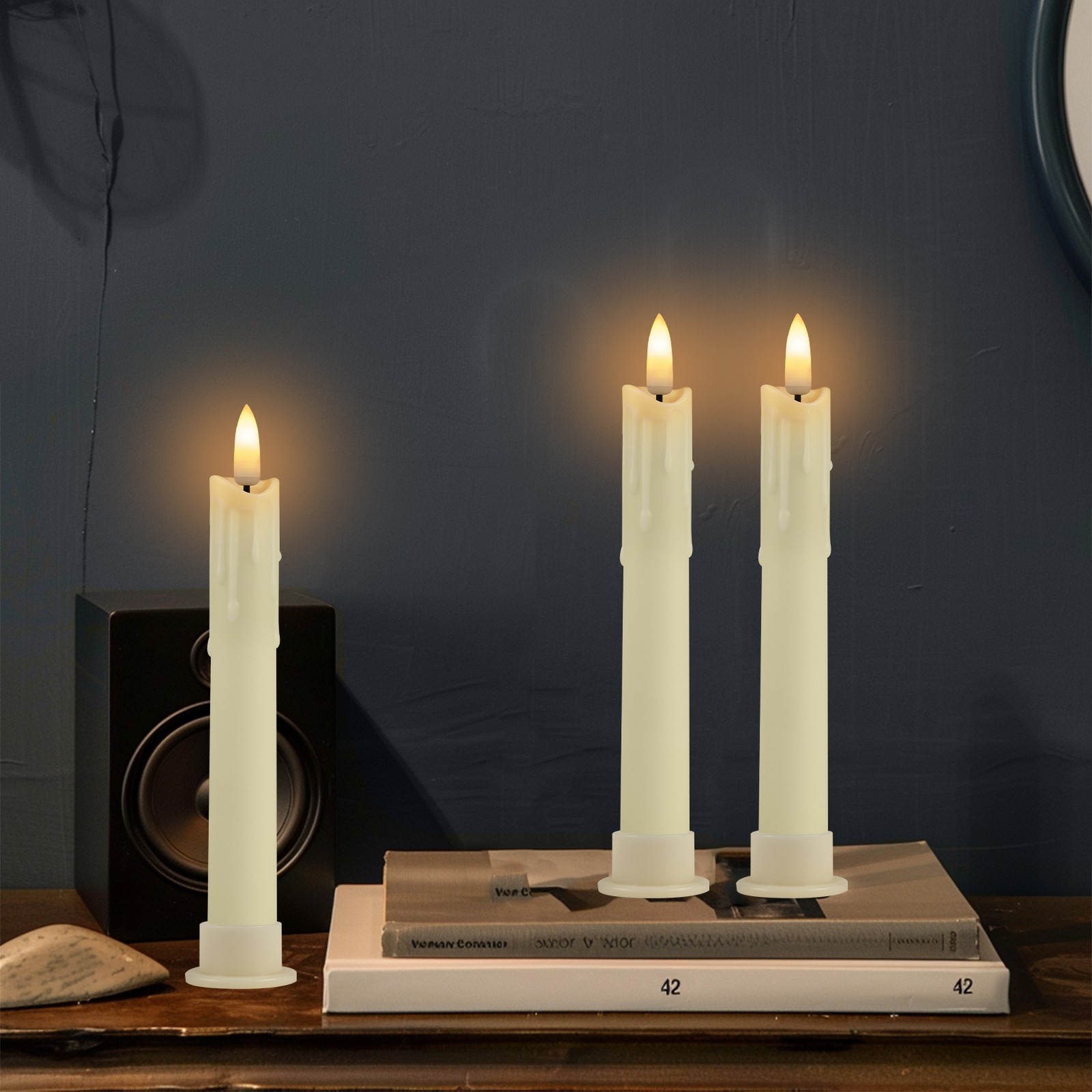 Set of 6 LED Flameless Flickering Taper Candles light with Holders Timer Remote