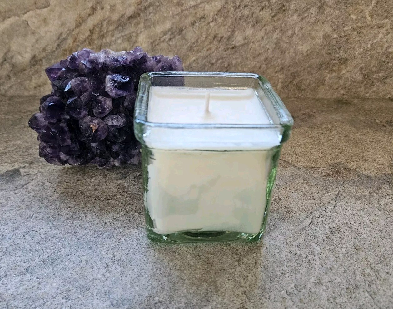 :I: Lavender E.O. :I: Luxury Soy Wax Candle :I: “Green Glass” Square Jar :I: