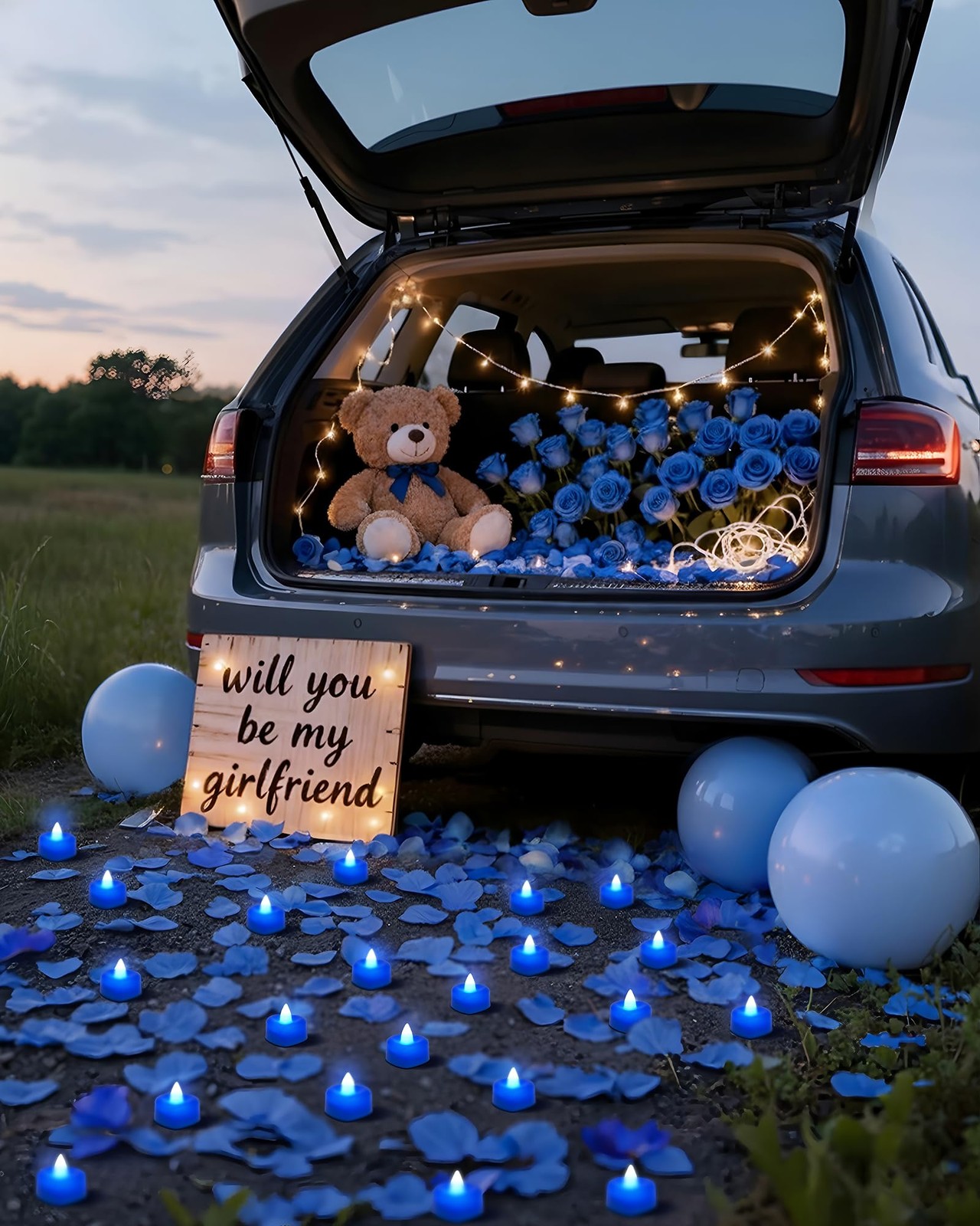 Amagic 1000 Pieces Blue Artificial Rose Petals with 12 Blue Heart LED Tea Lights