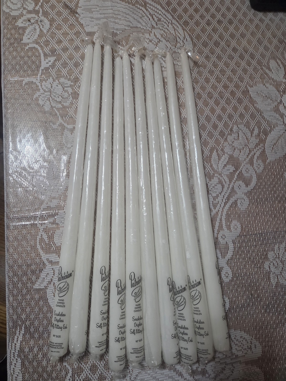 Lot Of 10 Patrician DRIPLESS SMOKELESS Taper Candles 18″ Ivory White NEW No Box