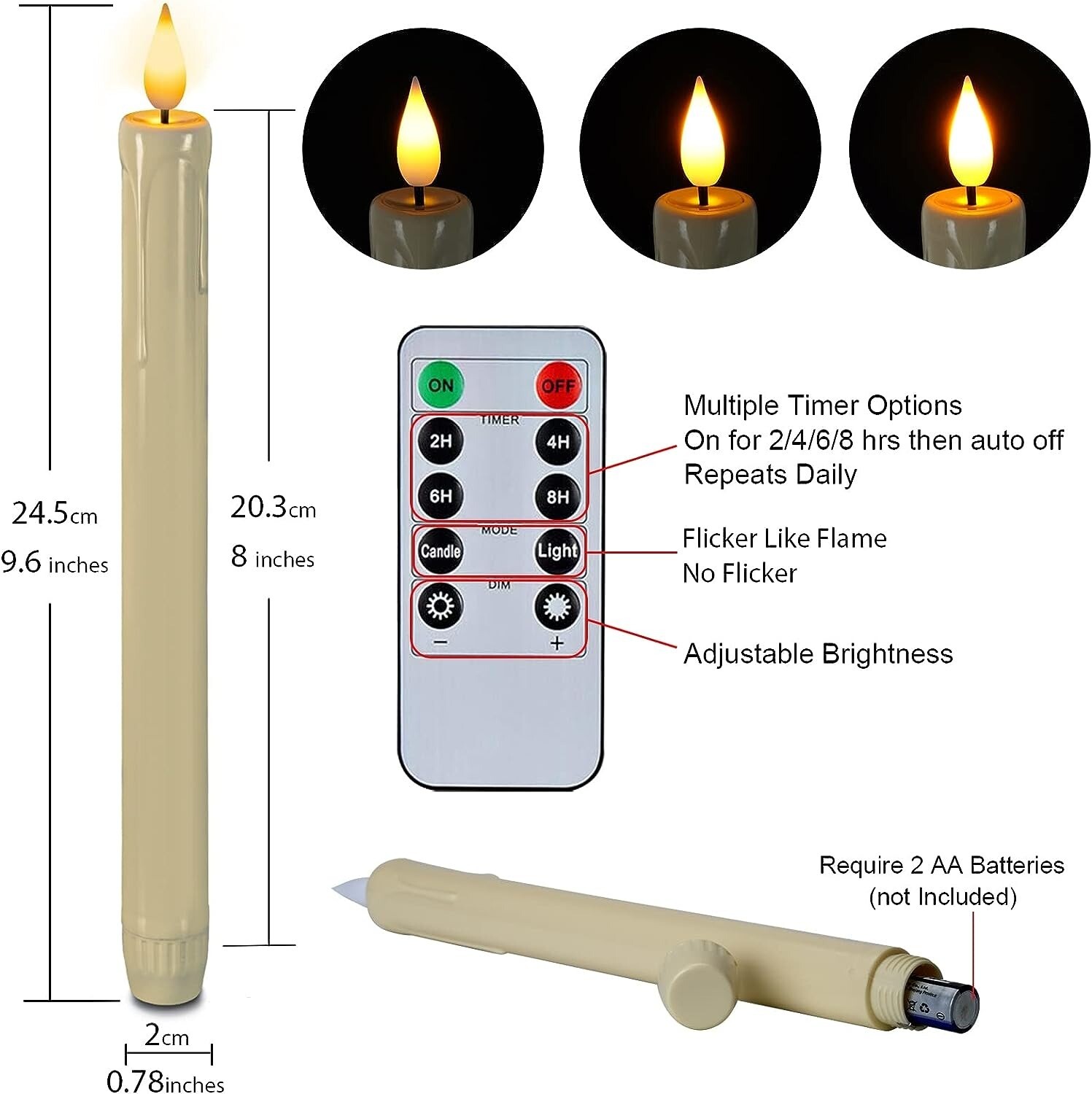 Set of 3 8″ Real Wax Flameless Moving Wick Ivory Wedding Taper Candles NEW 2023