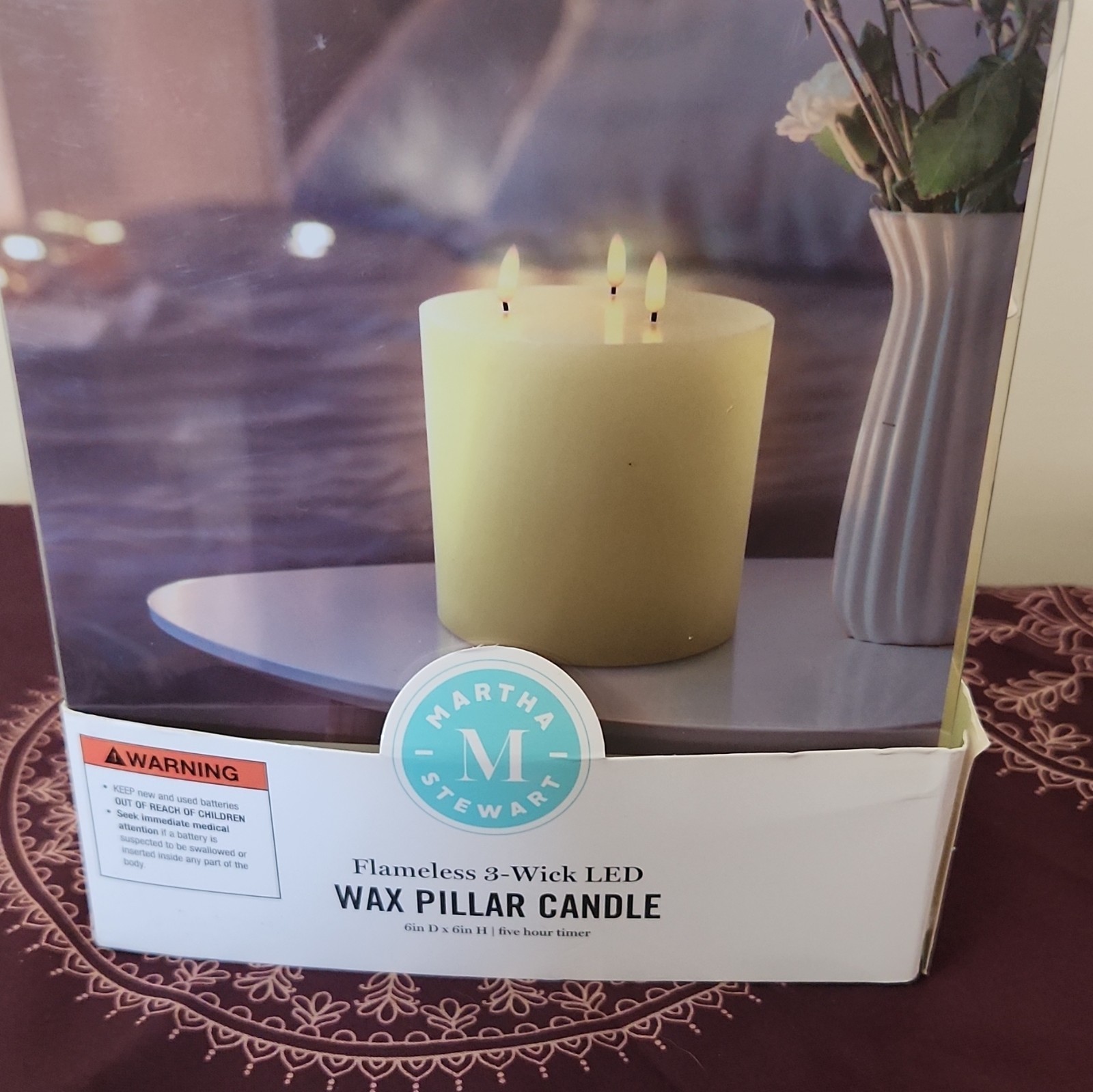Martha Stewart Flameless 3-Wick LED Wax Pillar Candle Ivory 6in x 6in AA