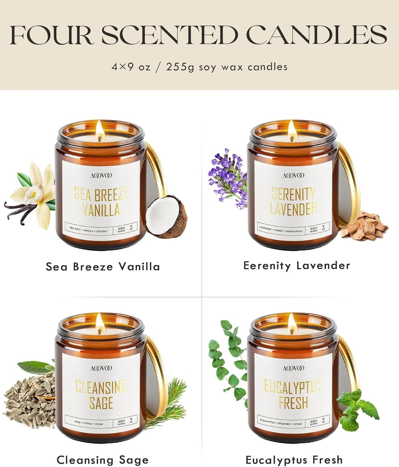 100% Soy Wax Candle Set – 36 oz Elegance with Lavender/Sage/Vanilla/Eucalyptus