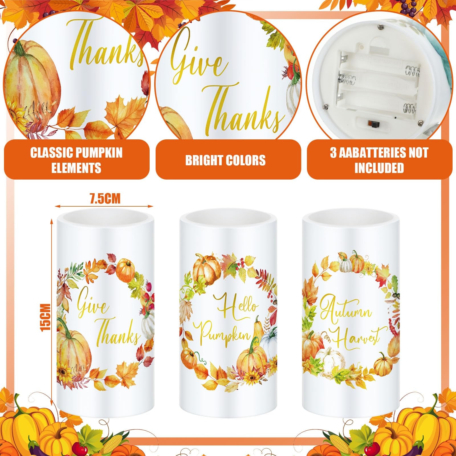3 Pcs Fall Flameless Candles Pumpkin Wreath Flameless LED Candles for Bedroom…