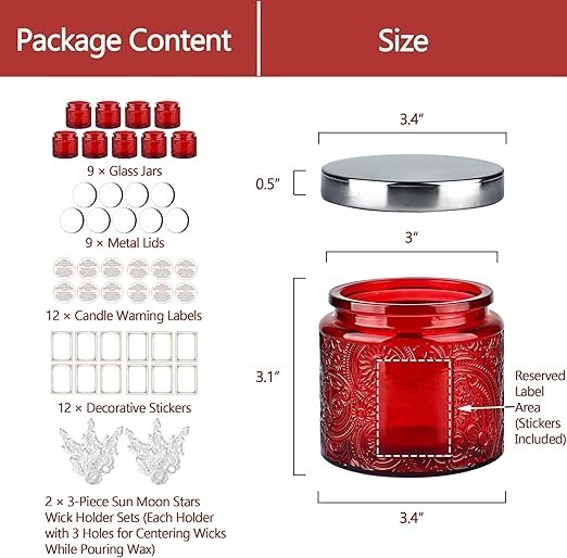10OZ, 9 Pack Embossed Candle Jars for Making Candles, Empty Glass Containers